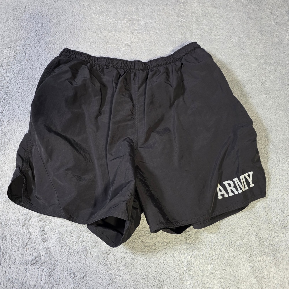 Unicor Mens Large PT Shorts Black Army Reflective Logo Nylon Athletic Trunks